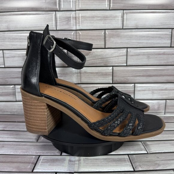 Lucky Brand Women's Tasmina Black Leather Ankle Strap Open Toe Heels Size 7-NEW - Picture 1 of 9